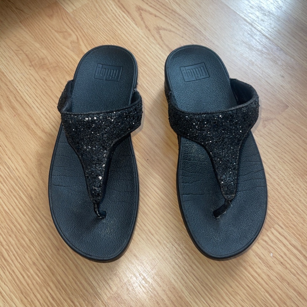 Fitflop Lulu Toe Post Thong Black Sparkly / Glittery Wedge / Ergo Arch Sandals - Picture 4 of 9
